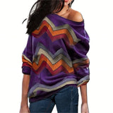 Women Blouses Off Shoulder Tops Striped Print Pullover Jumper Casual Knitted Top Long Sleeve Blouse Shirt Camiseta