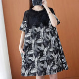 Women's Elegant Office Lady Commuter Dress Round Neck Printed Lace Mesh Stitching Loose Slim Short Sleeve A-line