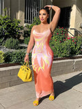Summer Streetwear Sleeveless Long Maxi Bodycon Dress Women Print O Neck Cami Strap Tie Dye Blue Backless Dresses For