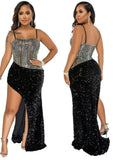 Sexy Sequins Straps Backless Irregular Slit Long