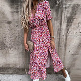 Summer Long Dress High Split Floral Print V Neck Puff Sleeve Dress Spring Short Sleeve A-Line Beach Midi Dress