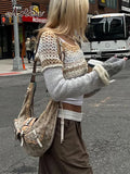 y2k Sweater Smock Patchwork Fashion Super Short Knitwear Pullovers Women Cutout Sexy Outfits Crochet Crop