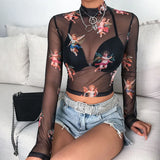 Women T Shirt See Through Transparent Mesh Tops Long Sleeve Sheer Slim Ladies Turtleneck T-Shirt New Arrival Women tshirt-Outfit