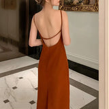 2022 Summer Women Backless Party Dress Sexy Spaghetti Strap Elegant Silk Satin Slip