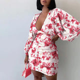 ArtsuWomen Sexy Deep V Neck Floral Print Dresses Long Lantern Sleeve Ruched Dress Elegant Female Bodycon Party Dress