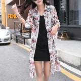 Sun Protection Women Long Blouses Super Thin Floral Chiffon Cardigan Half Sleeve Loose Flower Print Blouse Shirts