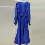 Spring Dress For Women V Neck Lantern Sleeve High Waist Solid Minimalist Midi Dresses Female Fashion Clothing