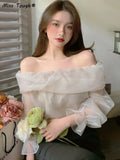 Sexy Backless Elegant Blouse Women 2022 Summer One Shoulder Sweet Retro Top Casual Long Sleeve Korean Style Female