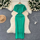 Style Temperament Knitting New High-End Collar Single Buckle Short Sleeve Slimming French Style Long