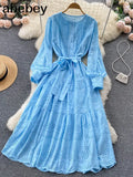 2022 Summer New Lace Embroidery Dress Women Long Sleeve Dresses Female Vintage Party Beach Maxi Long