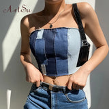 Sexy Chest Tank Top Women Off Shoulder Hollow Out Back Lace Up Denim Vest Patchwork Activity Club Clothes New