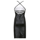 Women Sexy Suspender Mid-length Dress PU Fashion Solid Color Leather Bandage Backless Skinny Split Bodycon Dress Summer-Outfit