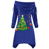 Large Women's Long-Sleeved Christmas Tree Printed Pleated Collar Irregular Long Rope Autumn And Winter Knitted Dress-Outfit