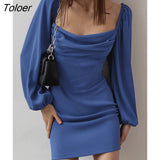 Blue Elegant Square Collar Short Dress Sexy Black Puff Sleeve Party Dresses 2022 Pleated Fall High Waist Slim Dress