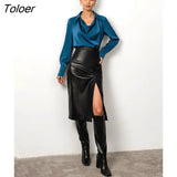 Faux Leather Bodycon Skirts Womens Winter 2022 High Waisted Split Office Skirts Ladies PU Ankle-Length Skirts