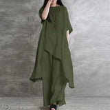 Women Two Piece Sets Pant Set Irregularity Round Neck Short Sleeve Tops Solid Splice Wide Leg Long Pants Casual Loose 2024-Outfit