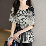 Women's Elegant Urban Commuting Office Lady Loose Chiffon Shirt Bat Sleeve Waist Thin Small Black Stitched Printed Top-Outfit