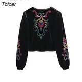 Women Vintage Flower Embroidery National Style Short Coat Ladies Retro Open Stitching Casual Velvet Jacket Tops