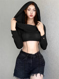 Spring Sexy Solid Pullover Hoodies Club Outfit For Women 2023 Long Sleeve Hooded Crop Top Female Black Knit