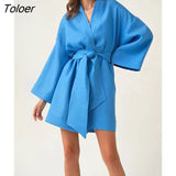 Summer Wrap Dress Chic Casual Holiday Cotton Linen Elegant Robe V-Neck Sashes Lace Up Thin Loose Dresses For Women