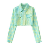 Women Fashion Tweed Gingham Cropped Jacket Coat Vintage Long Sleeve Snap-button Frayed Hem Female Outerwear Chic