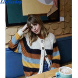 winter new knitted cardigan women vintage stripe o neck women's sweater coat loose soft cardigan jacket