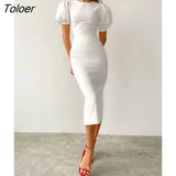 Office Bodycon Midi Dress Elegant Women Puff Sleeve Summer Dresses Chic High Waist Slim O-Neck Pencil Party Dress Lady