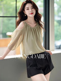Summer New Ladylike Blouse Shoulder-Digging Design High-End Green Seven-Sleeve New Chinese Shirt Woman-Outfit