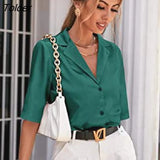 Sleeve Satin Blouse Women 2023 Summer Notched White Silk Shirt Elegant Office Lady Simple Button Up Casual Shirts