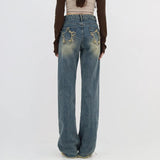 Retro Blue Washed Bootcut Jeans For Women Y2k Fashion High Waisted Wide Leg Pants Female Bottoms Cotton Denim