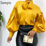 Women Fashion Female Casual Office Turtleneck Satin Blouse Shirt Red Vintage Long Sleeve Blouse Tops