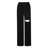 Straight Patchwork Hole Trouser For Women High Waist Lace Up Bow Casual Wide Leg Pants Female Fashion New