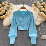 New Spring Shirts Women Elegant Vintage Solid Long Sleeves Slim Tops Fashion Button Sexy Streetwear Short
