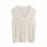 women sweater vest beige knitted v neck sleeveless cute pullover oversize lady sweet