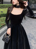 Velvet Elegant Evening Party Midi Dresses Ladies Black France Vintage Y2k Dress Women Winter Korean One-piece Dress