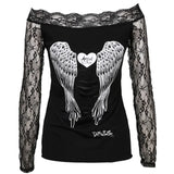 Women Lace T-shirts Autumn Winter 2024 Top Clothing Gothic Vintage Sexy Aesthetic y2k Off Shoulder Long Sleeve Top Streetwear-Outfit