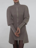Solid Irregular Hem Dress For Women Stand Collar Long Sleeve High Waist Knitting Mini Dresses Female Clothing