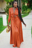 Elegant Orange Wrap Tied Long Sleeve Evening