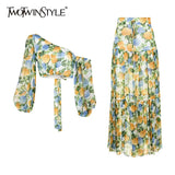 Bohemian Print Two Piece Set For Women Skew Collar Long Sleeve Tops High Waist Maxi Skirt Hit Color Sets Female