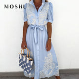 Long Dress Women Summer Puff Sleeve Hollow Out Party Dress 2021 Sexy Lace Patchwork Tie-Up Belted Shirt