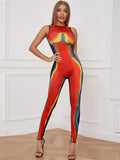 Summer Streetwear Jumpsuits For Women 2022 Print Sleeveless O Neck Red Bodycon One Piece Outfits Rompers Womens