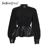 Black Pu Leather Blouse Ruffle High Waist Patchwork Knitted Lantern Sleeves Streetwear Blouses 2021 Fashion