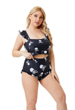 High-Waisted Skulls Print Ruffles Plus Size Two Piece