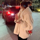 Autumn Winter Loose Hooded Plush Jacket Large Size Imitation Rabbit Fur Coat Youth Student White Zipper Plush Jacket