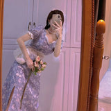 Princess Elegant Sweet Dress Women Korean High Waist Split Vintage Boho Dress Female Party Sexy Midi Casual Cute
