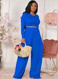 Fashion Slim Long Sleeve Round Neck Crop Top And Matching Wide Pants