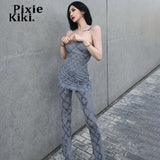 Y2k Sexy 2 Piece Set Print Mesh Sheer Tube Top and Flare Pants Matching Sets 2023 Nightclub Outfit for Women