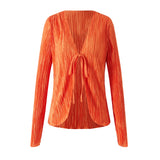 Women Solid Color Striped Cardigan Shirts Long Flare Sleeve Lace-up Deep V Neck Ruffled Tops Casual Party Slit Blouse-Outfit
