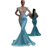 New Daily Light Blue Fishtail Skirt Banquet Long Gold Series Thin Temperament Annual Evening Dress