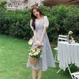 Women A-line Retro Harakuju Patchwork Puff Sleeve Floral Oversize Korean Style Elegant Chic Casual Summer Fashion